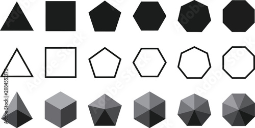 Various geometric shapes including triangles squares pentagons and hexagons displayed in solid outline and shaded versions