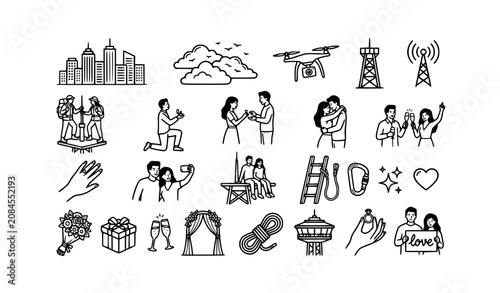 Tableau sur toile Man proposing to woman on top of city tower vector illustration