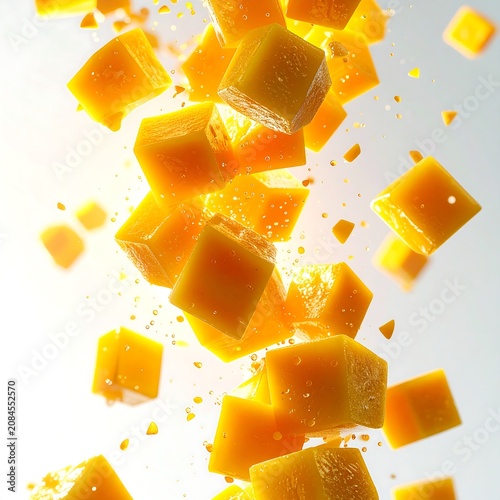 Vibrant orange cubes suspended mid-air