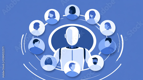 An abstract representation of teamwork and collaboration in the digital age featuring diverse avatars and connections.