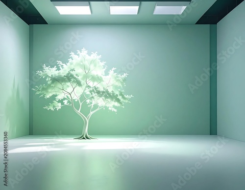 Minimalist interior view with large tree outside window.