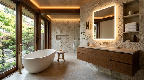 Modern bathroom with freestanding tub and wooden vanity unit