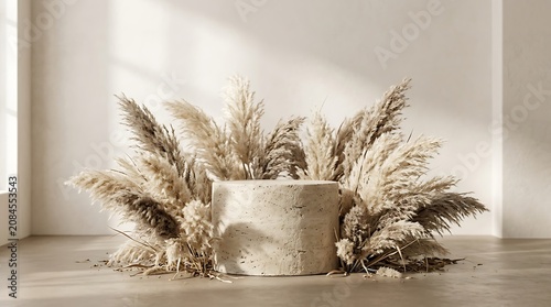 A beige concrete pot with dried pampas grass on a beige floor in a room