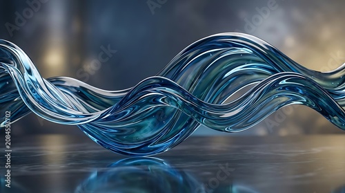 Abstract blue glass wave form on reflective surface with blurred background
