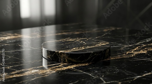 Black marble podium on black marble floor with gold veins in modern room interior
