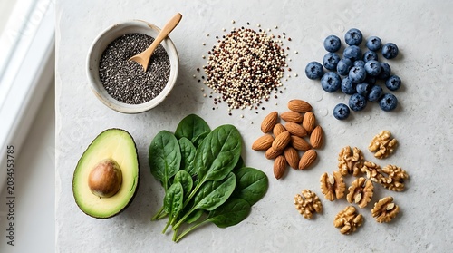 Healthy food ingredients including fruits nuts seeds and leafy greens on a table