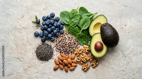 Healthy food ingredients including fruits nuts seeds and leafy greens on marble surface