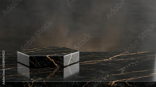 Black marble cube on reflective marble surface with gold veins