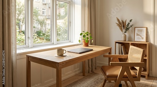 Cozy home office with wooden desk and chair by the window with city view