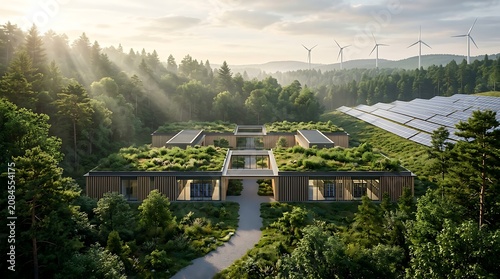 Modern eco friendly house with solar panels and wind turbines in forest landscape