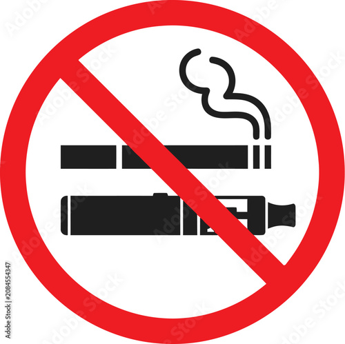 Red circular prohibition sign showing no smoking and no electronic vaping devices