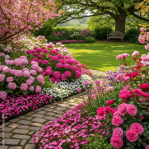 Vibrant pink and purple flowering garden pathway in spring.