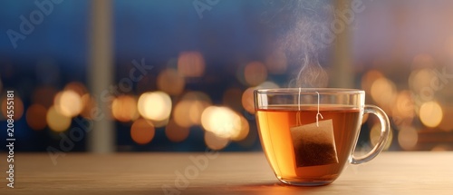 Enjoying a soothing evening tea with a warm cup of infusion and a steaming teabag set against a comfortable blurred backdrop