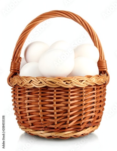 Woven basket with white eggs on wooden surface.