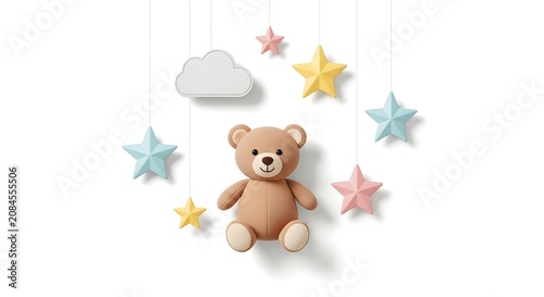 Adorable brown teddy bear hanging mobile surrounded by pastel stars and a fluffy white cloud on a clean white background, symbolizing childhood and dreams.