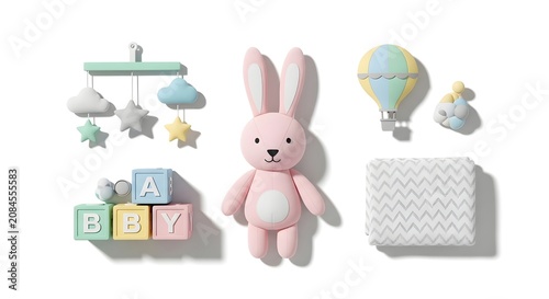 A charming collection of pastel-colored baby items, including a mobile, plush pink bunny, alphabet blocks, and a chevron blanket, arranged on a white background.