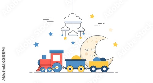 Cute illustration of a toy train carrying a sleeping moon under a cloud and star mobile, perfect for a nursery or children's theme.