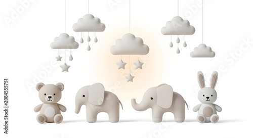 Soft plush toys and hanging cloud decorations with stars and raindrops, creating a gentle nursery theme for babies.