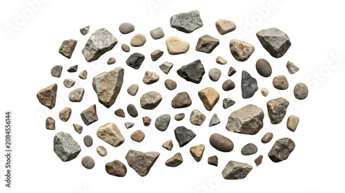 Natural stone collection on white background, various gray and brown granite rocks, assorted mineral pebbles and rough gravel pieces