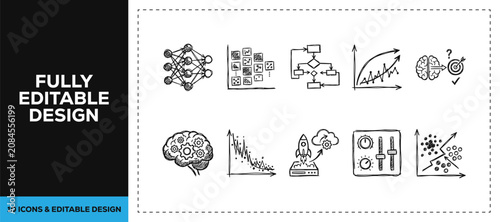 Black ink scribble hand drawn business analytics icon set bundle featuring chart brain and rocket for startup strategy and corporate management vector sketch doodles graphics art.
