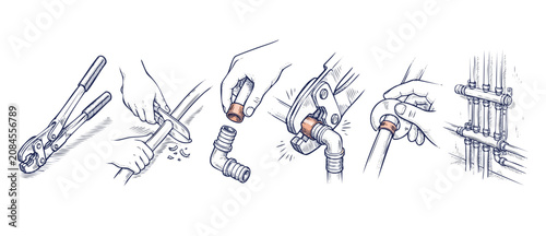 Photos Plumbing pipe installation hand tools step by step instruction showing cutting crimping connecting and manifold system setup in engraved hand drawn sketch line art drawing style on white backgrounds