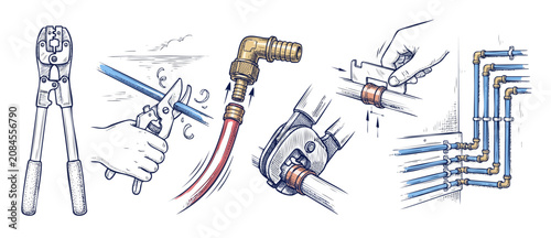 Bild auf Leinwand PEX Pipe Fitting Connection Tools showing step-by-step plumbing installation process with crimper, pipe cutter, brass elbow joints, and water manifold lines in clean technical sketch graphic drawings
