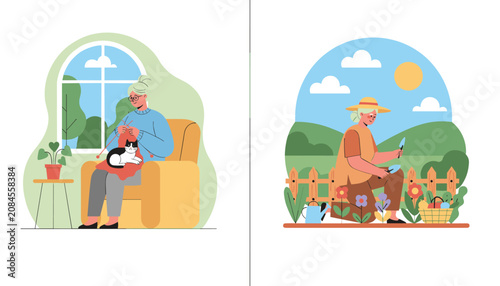 Active senior citizens enjoying retirement hobbies like knitting in a cozy armchair and gardening in a beautiful backyard.