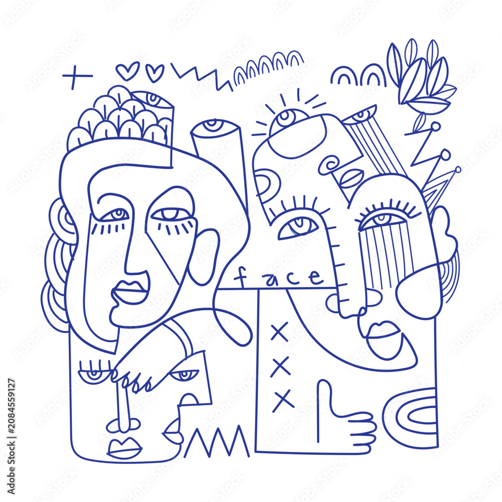 Obraz premium Abstract continuous line art with human faces, geometric shapes, doodles in a modern contemporary style on a white background. Ideal for art print, card, wall art, poster and cover.