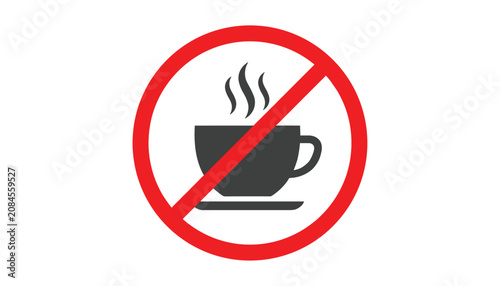 Red prohibition sign over a steaming coffee cup icon indicating no hot drinks allowed in the area.