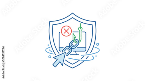 Cybersecurity shield blocking phishing hook and malicious link.