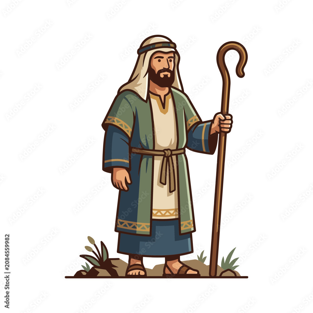 Obraz premium Biblical shepherd standing with wooden staff.