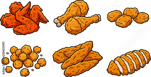 Crispy Fried Chicken Collection Set with Wings, Drumsticks, Nuggets, Popcorn Chicken, Tenders and Sliced Chicken Breast – Fast Food Vector