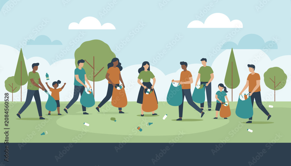 Fototapeta premium Group of volunteer people picking up litter and plastic waste in green bags to clean up a public park on a sunny day.
