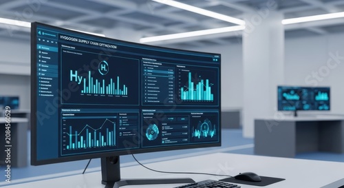 Computer monitor displaying complex data analytics dashboard for supply chain optimization in a modern office setting.