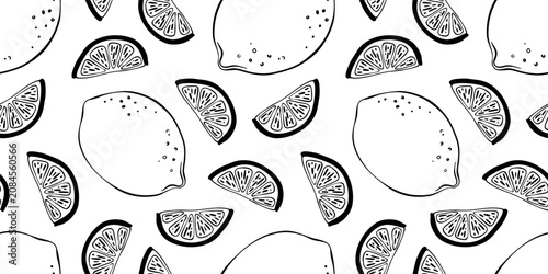 Fotografie Whole and slice lemon whimsical hand drawn doodle botanical seamless pattern