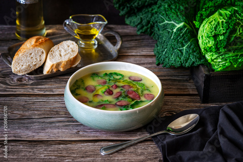 A bowl of Traditional Portuguese soup Caldo Verde