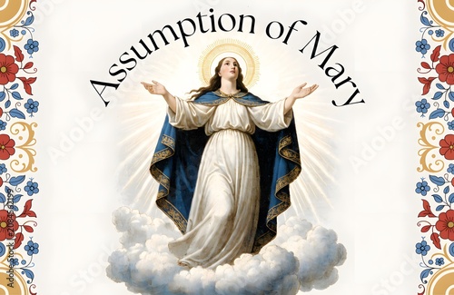 Assumption of Mary Classical Religious Illustration with Floral Borders