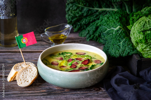 A bowl of Traditional Portuguese soup Caldo Verde