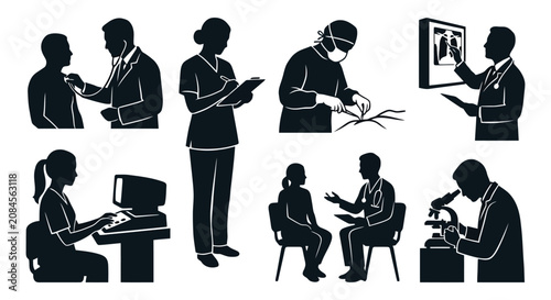 Medical professionals and doctors healthcare silhouettes set