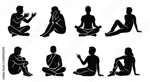 People sitting silhouette set in various poses and relaxing postures