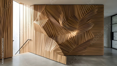 Desain Dinding Kayu Parametrik Geometris Modern di Interior Rumah