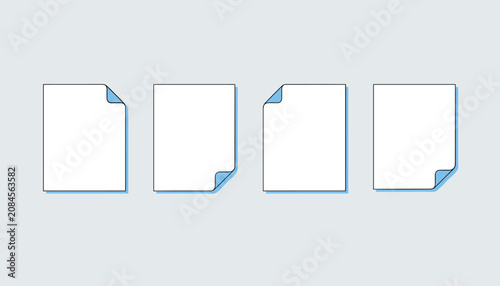 Row of four blank white paper sheets with blue folded corners representing documents on a light grey background.