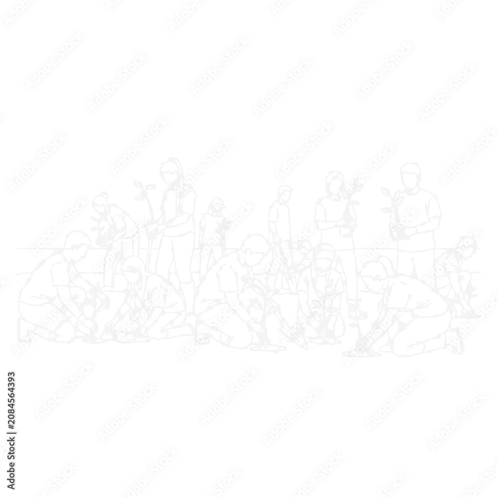 Fototapeta premium Group of Volunteers Planting Young Trees Together Outline