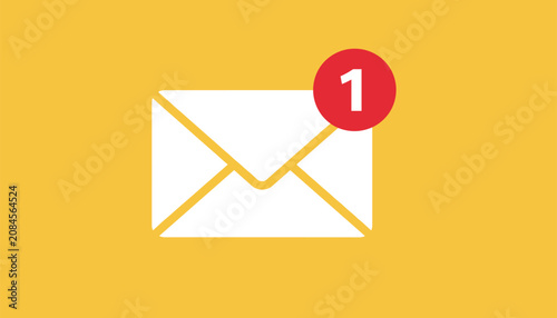 New message notification icon depicting a white envelope with a red circle and number one on bright yellow.