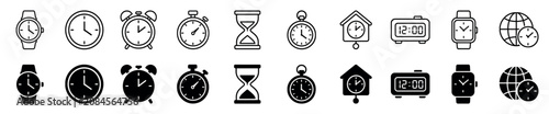 Set of time and clock icons in minimalist line art and solid glyph styles, featuring various timepieces like wristwatches, alarm clocks, hourglasses, and digital displays