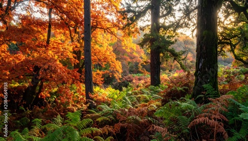Autumn forest pathway with vibrant foliage.