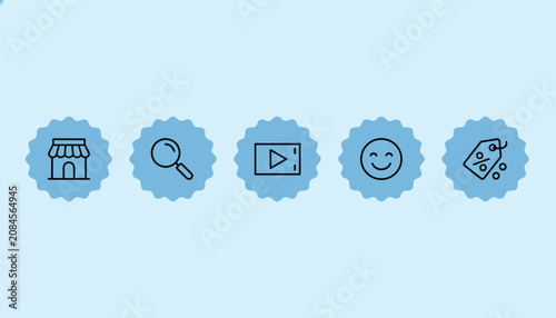 Five black line shopping icons inside blue scalloped circles featuring a store, magnifying glass, play button, smiley, and tag.