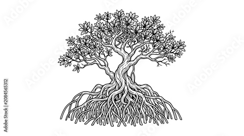 Black and White Mangrove Tree Illustration with Intricate Roots
