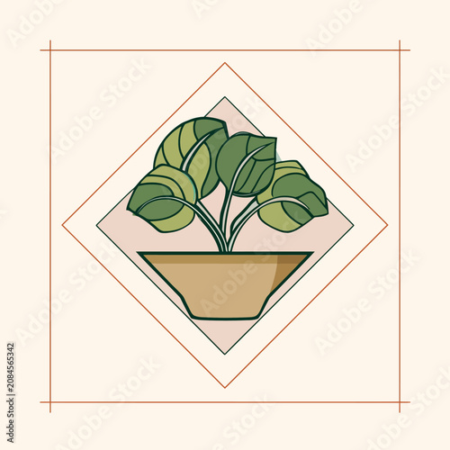 A stylized illustration features a potted plant within diamond and rectangular frames on a light background