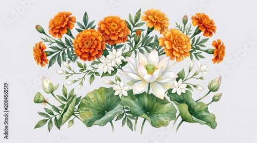 Marigolds jasmine lotus floral border celebrating India